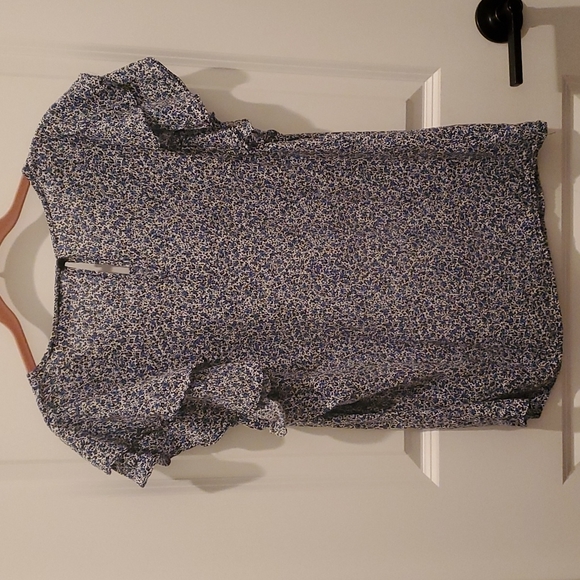 Rachael Roy ruffle sleeve scoopneck button keyhole blue,black, cream top Medium - Picture 7 of 8